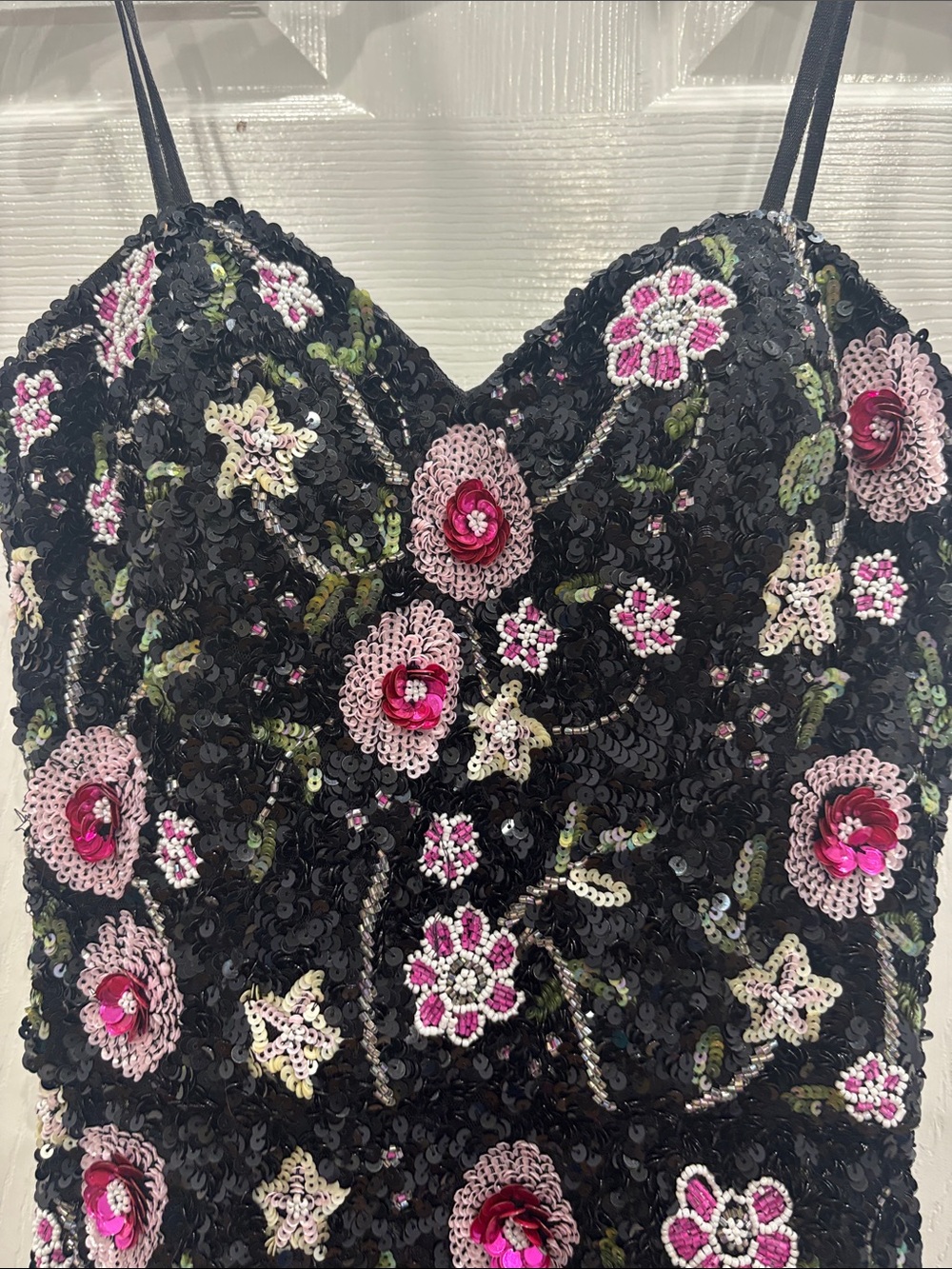 Black Beaded Evening Gown with Pink Floral Embroidery - Picture 7 of 9